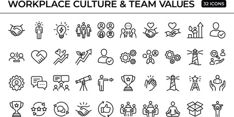 Fototapeta premium Workplace Culture Team Values Line Icon Set With Collaboration Leadership Growth Recognition And Employee Engagement Symbols
