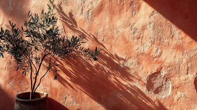 Mediterranean Olive Tree in Potted Plant Against Textured Orange Wall with Sunlight Shadows