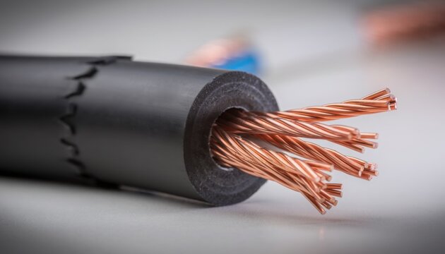A close-up of a thick black electrical cable, with its insulation stripped to expose the twisted copper wire conductors inside.