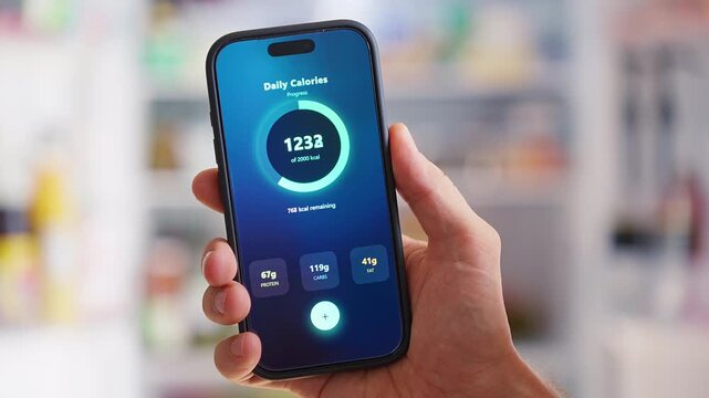 Close Up of Smartphone With Calorie Tracking Application in Hand Against Open Refrigerator Background, Healthy Eating and Digital Nutrition Management