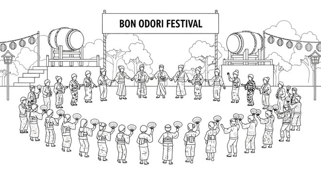 People dancing in a circle at the Bon Odori festival line art illustration.