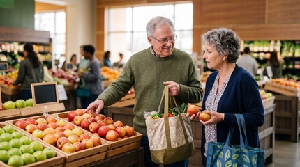 Fototapeta premium Grocery Store Delight: An older couple shares a moment of connection at the fresh produce section, shopping for nutritious items. The bright ambiance of the market enhances the experience.