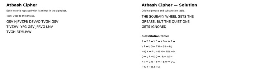 Obraz premium Educational cryptography puzzle featuring Atbash cipher with encoded phrases and solution tables. Vector illustration for brain teasers, logic games, and security education