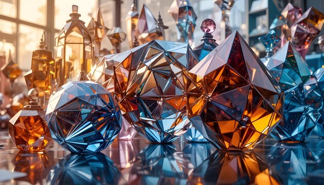 A collection of shiny polyhedral glass sculptures.