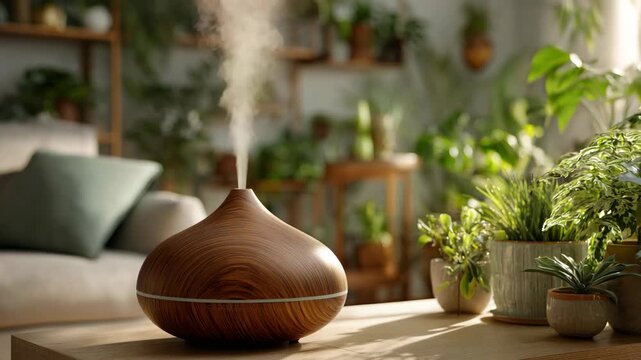 Wood grain aroma diffuser spraying mist among houseplants