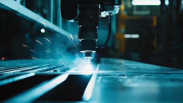 Automated laser cutting machine carving intricate patterns in steel sheet, showcasing precision robotics, sparks, blue light and advanced factory automation in modern manufacturing