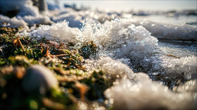 Morning light on melting river breaking through ice layers, free flowing water, deep depth of field capturing thaw