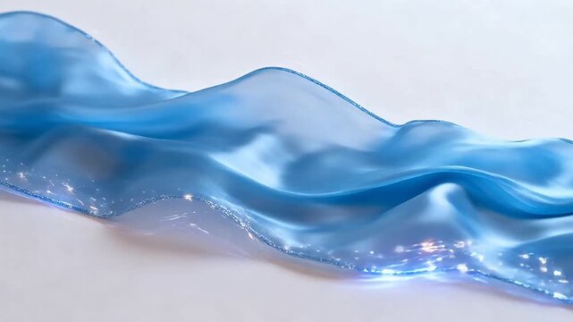 Wavy blue silk fabric with smooth folds and soft lighting on light surface