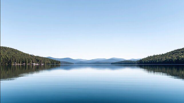 Absolutely smooth lake surface perfectly reflecting sky light, no motion, seamless skyline, minimalist stillness, mind mirror