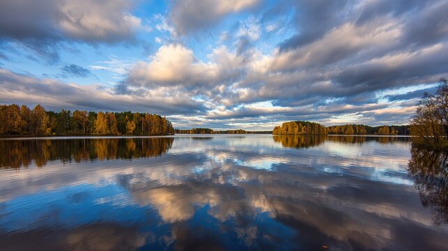Windless lake like a mirror reflecting sky, minimalist composition, seamless horizon, quiet contemplative nature scene