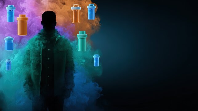 Prescription bottles floating inside human silhouette leaking colorful smoke into withdrawal monsters, depicting addiction withdrawal hallucinations