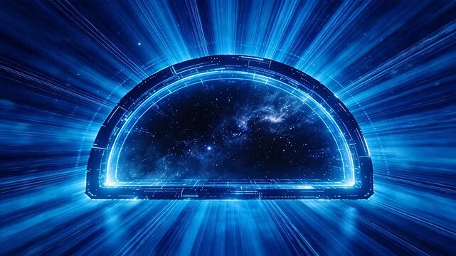 Futuristic sci-fi portal device with glowing blue energy and a starry space interior