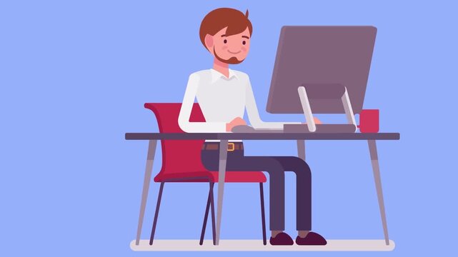 Focused Male IT Software Developer Coding on Desktop Computer at Clean Workspace Office Concept 2D Animation