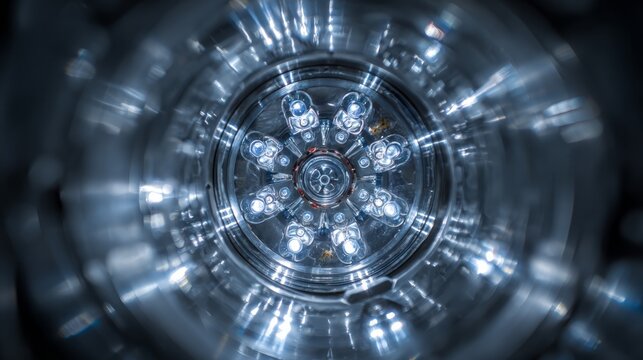 Abstract close-up of a metallic circular object with glowing blue lights, radial symmetry.