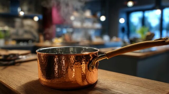 Copper pot on a wooden kitchen counter