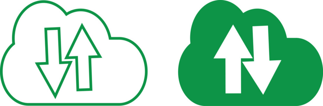 Cloud upload and download icon set. Data transfer and synchronization symbols. Digital storage and backup sign.  Arrow up and down sign. Network technology design 