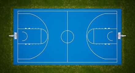 Obraz premium Overhead view of blue basketball court on grassy field soccer football training facility