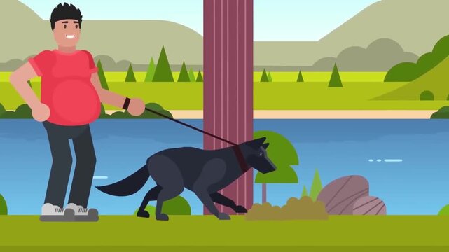 Man Walking Large Guard Dog on Leash near Scenic Lake Nature and Security Concept 2D Animation