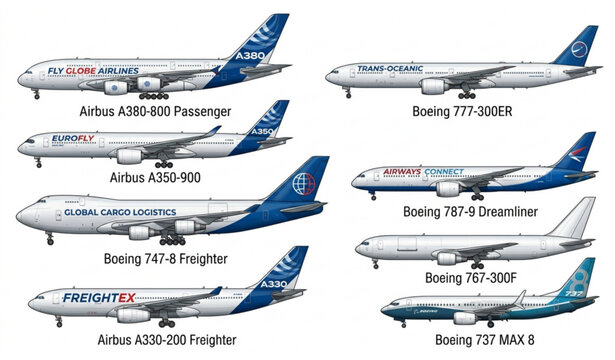 Modern passenger airplane vector set side view and landing aircraft aviation transport illustration