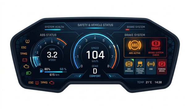 Car dashboard ABS brake system indicator panel UI icons vector illustration modern automotive control display set