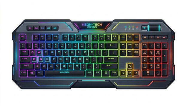 Futuristic RGB gaming keyboard with glowing LED lights mechanical computer device vector illustration