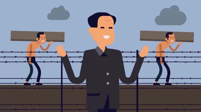 Strict Guard Standing in Front of Barbed Wire Fence with Laborers Political Prison Camp Concept 2D Animation