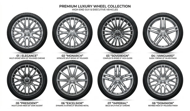 Luxury car wheels set premium SUV alloy rims elegant automotive tire design vector illustration isolated