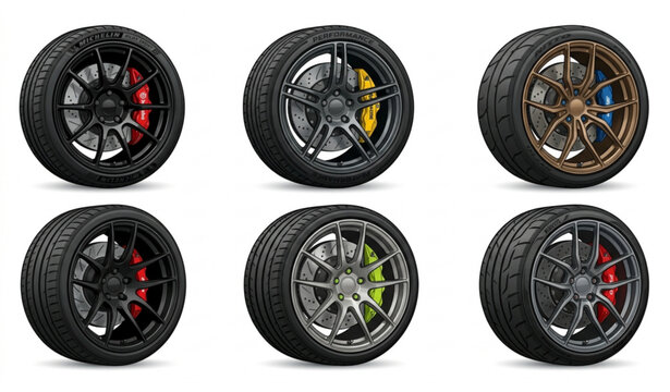 Sport car wheels set performance alloy rims racing tires automotive tuning vector illustration collection