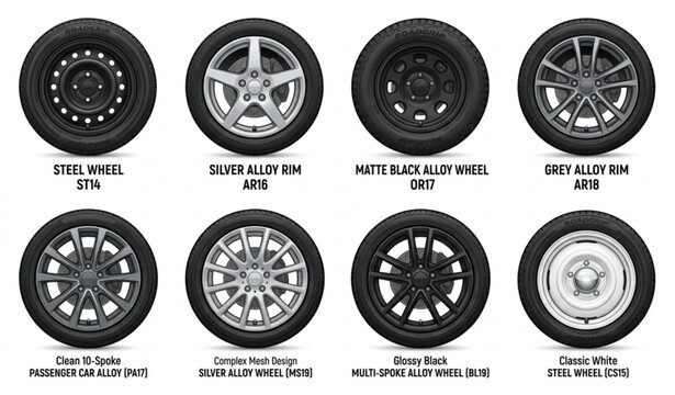 Car wheels set alloy and steel rims automotive tire rim collection vector illustration isolated design