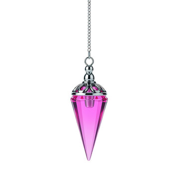 Pink crystal dowsing pendulum on silver chain isolated on a transparent background