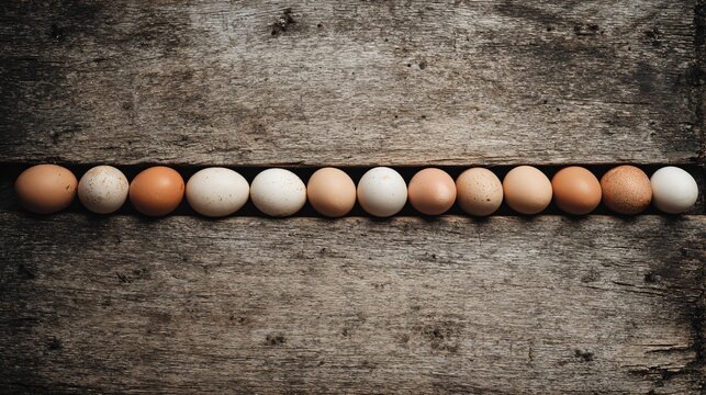 Rustic wooden surface with eggs placed in a tight vertical strip near the center, both sides left empty, symmetrical copy-space composition