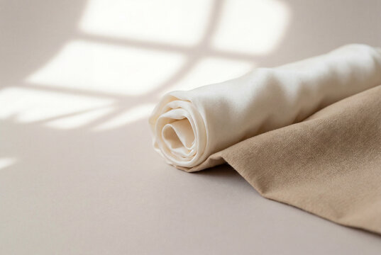 Minimalist beige and cream fabric rolls with soft window light