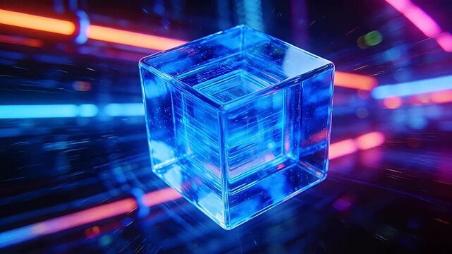 Transparent glass cube reflecting neon light beams in a colorful abstract space