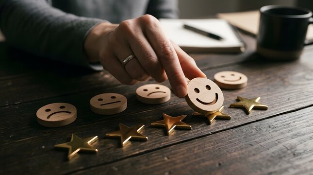 Hand placing a wooden smiley face on a five star rating scale on a dark wooden table