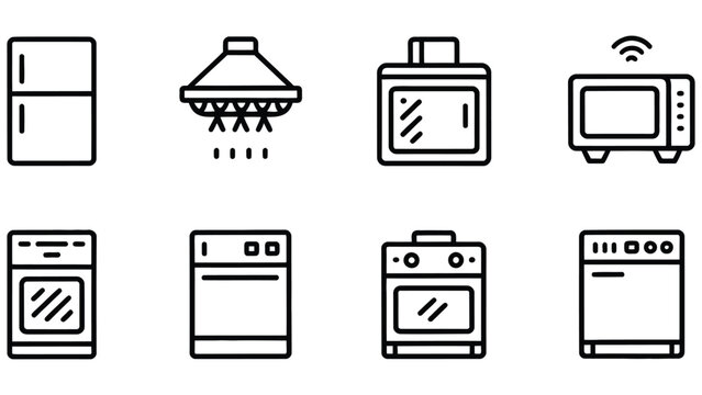 A set of eight clean line art icons representing various modern kitchen appliances including a refrigerator range hood oven microwave and dishwasher