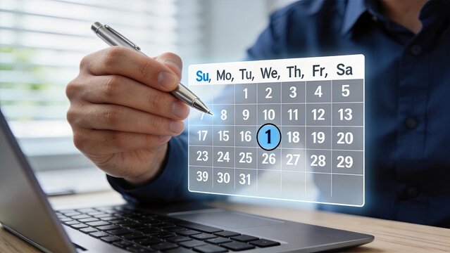 Calendar date planning schedule with hand holding pen pointing at specific day, time management organization agenda, appointment booking reminder deadline concept for business or