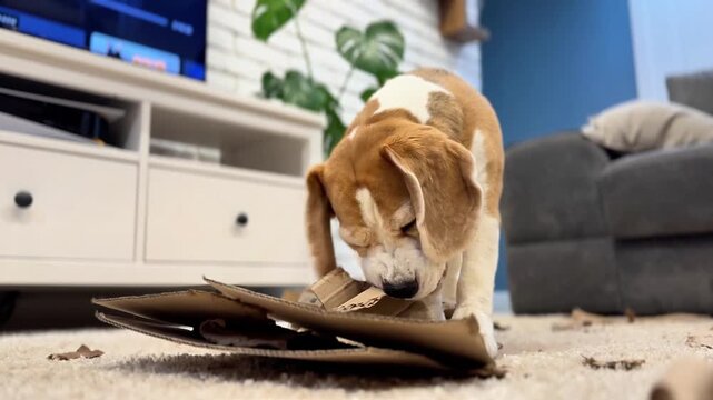 This video footage captures an adorable dog enthusiastically chewing and tearing up a piece of cardboard in a cozy living room setting. Ideal for pet lovers and home life projects.