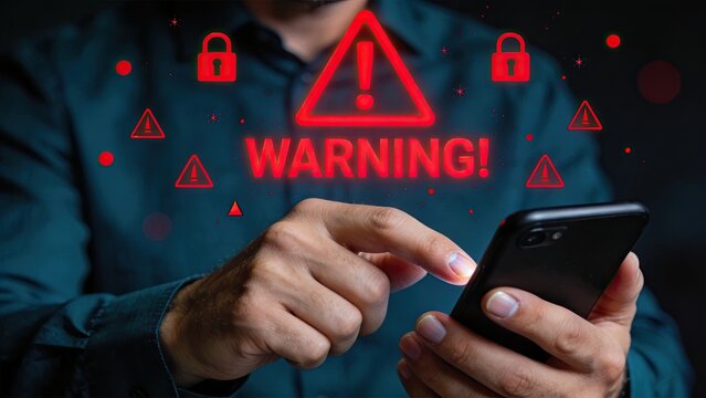Smartphone user facing critical security warning alert with red icons indicating cyber threat, malware detection or phishing attack requiring immediate attention and protection