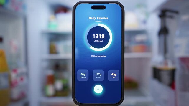 Cinematic Close Up of Smartphone With Calorie Tracking Application While Refrigerator Doors Open in Background, Healthy Eating and Nutrition Monitoring
