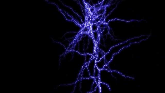Red and blue glowing thunderbolt animation with electric plasma strikes and bright flash effects on solid black background smooth looping cinematic visuals ultra sharp 4K