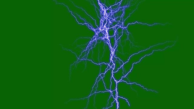 Red and blue glowing thunderbolt animation with electric plasma strikes and bright flash effects on solid green background smooth looping cinematic visuals ultra sharp 4K
