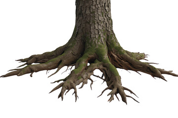 Fototapeta premium Tree roots and trunk with bark and green moss showing growth, nature, and organic stability on transparent background