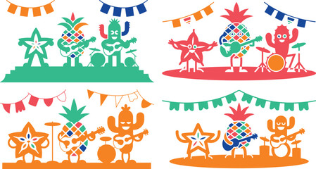 Naklejka premium colorful cartoon pineapples and cacti playing musical instruments on stages with starfish and hanging banners