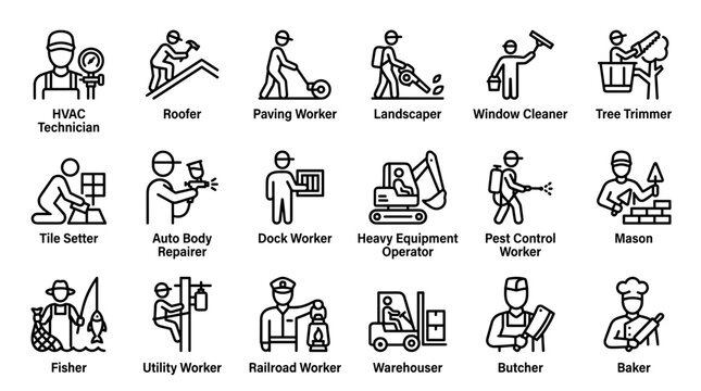 A collection of simple line icons depicting various professions, such as HVAC technician, roofer, mason, and baker.