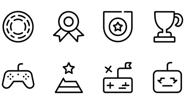 Black and white line icons for gaming and awards on transparent background