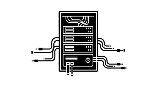 Computer server with cables connected.