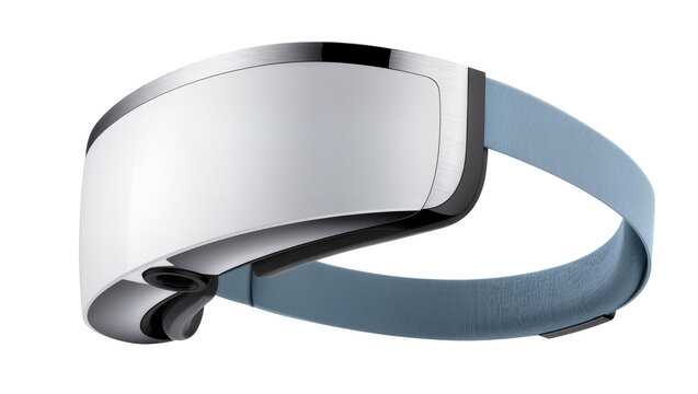 Sleek white and silver virtual reality headset with blue strap, isolated on transparent background