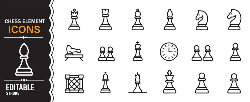 Black and white chess symbol collection with king queen rook and strategy game vector