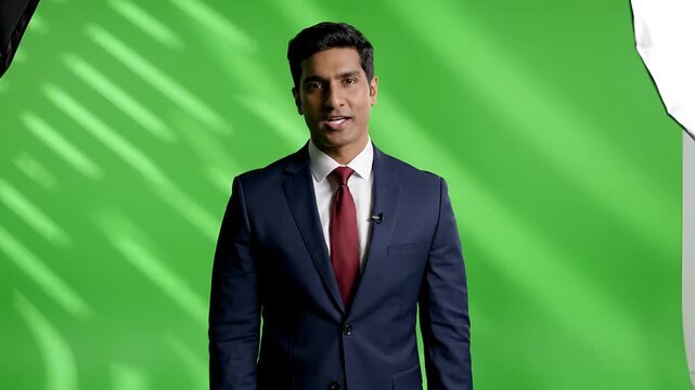 Professional Man in Suit Offers Handshake on Green Screen Background.