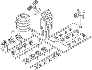 Naklejka premium Isometric illustration of smart agricultural system integrating renewable energy and precision farming sustainable_farming smart_agriculture renewable_energy precision_farming futuristic_farming